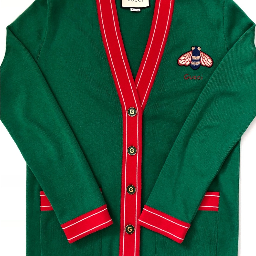 New Gucci Green Cashmere Bee Cardigan